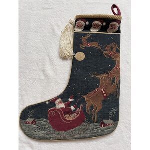 Christmas Stocking Tapestry Old World Santa With Reindeers Lined With Tassel VTG